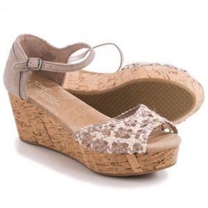 Toms Light Grey and Cream Stucco Satin Crochet Wedge Sandal | 7